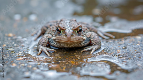 Closeup of a toad burrowing itself in the damp cracks of a city sidewalk with beads of rainwater clinging to its smooth skin and round curious eyes peeking out