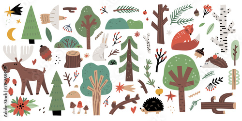 Forest animals. Hand drawn cartoon scandinavian style set, cute scandi elk and fox, bird and hare. Little hedgehog and owl. Doodle print for t-shirt and nursery, woodland vector isolated illustration