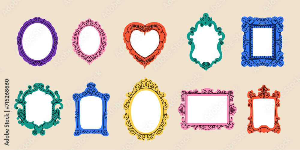 Vintage frame set. Picture border. Various decorative isolated elements different forms in doodle style. Elegant retro frameworks. Modern mirror design. Art gallery objects. Vector illustration