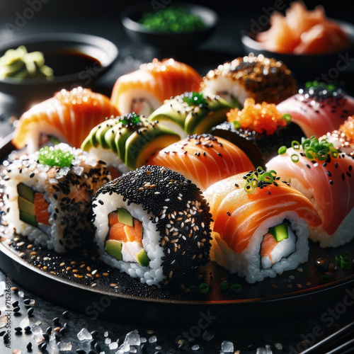 Sushi rolls set on a black plate. Illustration of tasty lunch, dinner, appetizer. Best for food photography style poster, collage, design. Concept of japanese food, healthy food, freshness seafood.