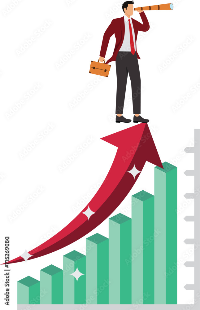 Cartoon graphic of Businessman standing on red upwards arrow Cartoon graphic of Businessman standing on red upwards arrow