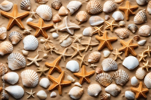 Transport yourself to a coastal haven, where a sandy beach is transformed into a masterpiece of natural texture with seashells and starfish.   © Fatima