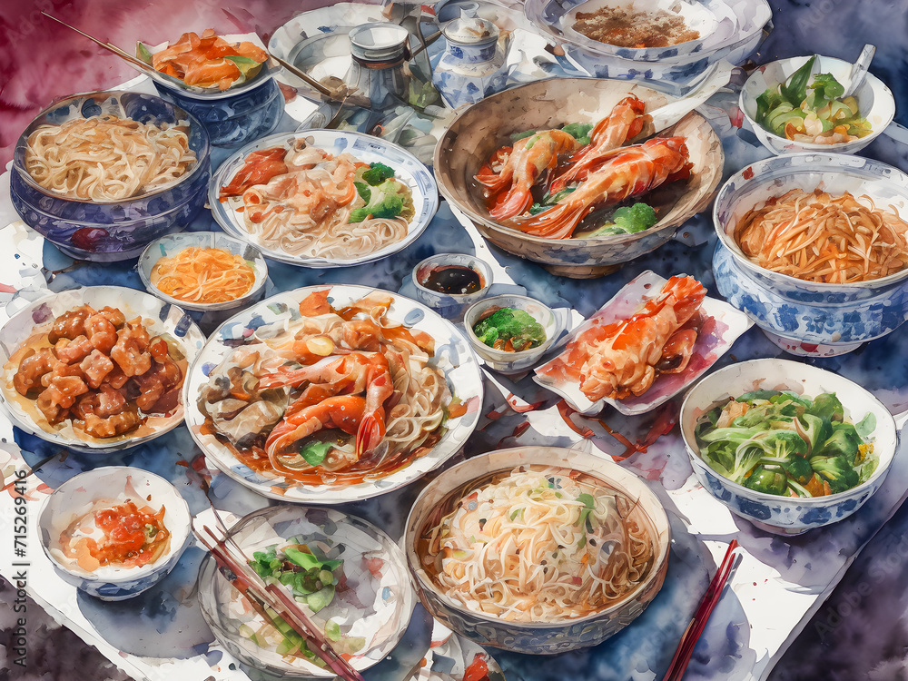 Illustration of a set of Chinese dishes on the table with food