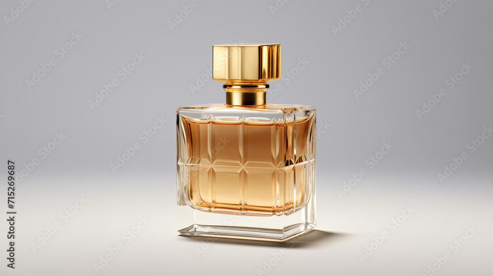 A gold glass bottle containing men's eau de parfum is seen on a transparent background. A gold glass bottle containing men's eau de parfum is seen on a transparent background.