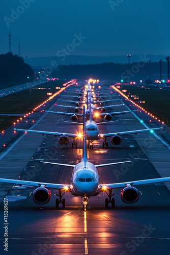 Planes lined up at the airport waiting for take off
