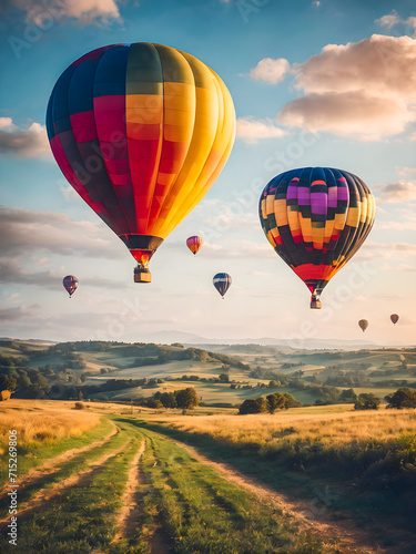 Colorful hot air balloons flying in the sky over rural landscape.