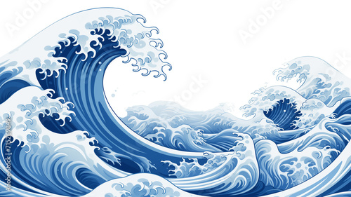 Traditional Chinese blue wave in circle. Beautiful line art of nature illustration.