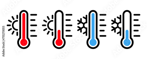 Temperature icon set. Temperature scale icon symbol. Weather sign. Thermometer icons. Hot and cold air temperature symbol in line and flat style for apps and websites, vector illustration