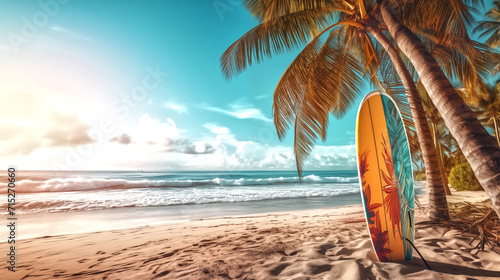 colorful Surfboard and palm tree on sunny beach background