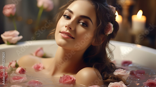 spa relax of bathing beauty woman resting in bathtub with open eyes