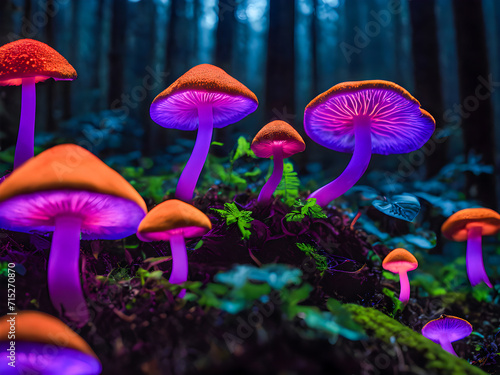 Mushrooms in the forest at night. Colorful mushrooms in the forest