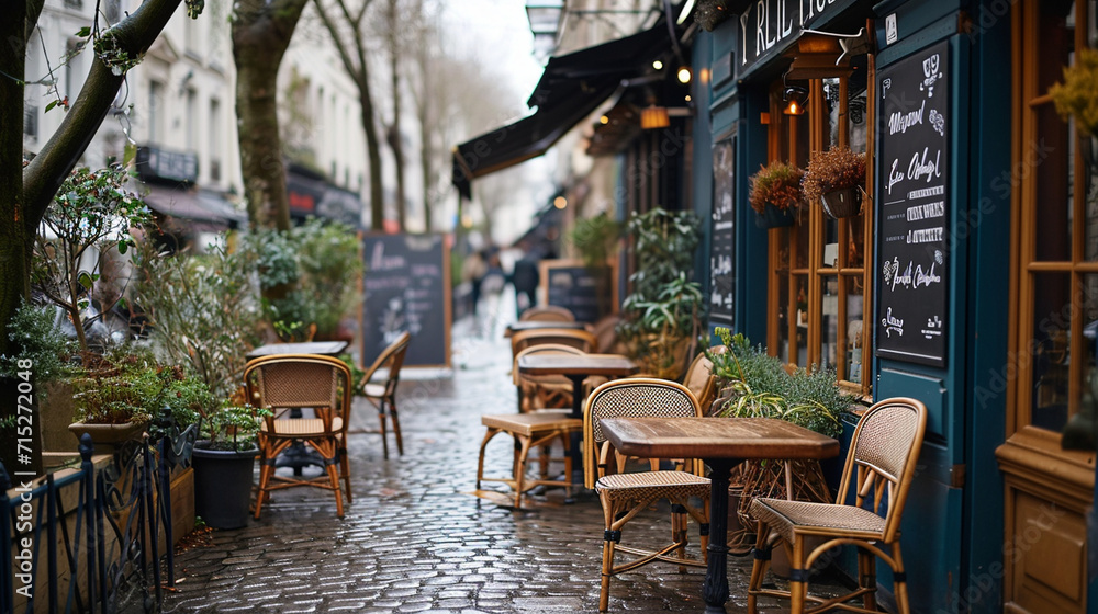 Transport yourself to the charming streets of Paris with a sidewalk café scene, capturing the essence of French romance with wrought iron furniture, pastel-hued facades, and the ar