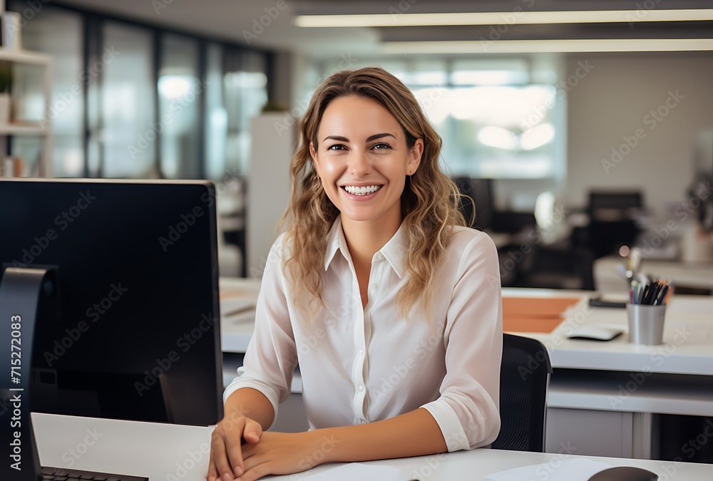 Portrait of smiling young businesswoman sitting at workplace in modern office Portrait of smiling young businesswoman sitting at workplace in modern office