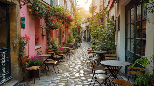 Transport yourself to the charming streets of Paris with a sidewalk café scene, capturing the essence of French romance with wrought iron furniture, pastel-hued facades, and the ar