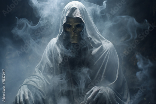 Culture and religion, states of mind, sci-fi and horror concept. Skeleton ghost, specter or reaper covered with smoke or mist close-up portrait. Dark silhouette of paranormal being