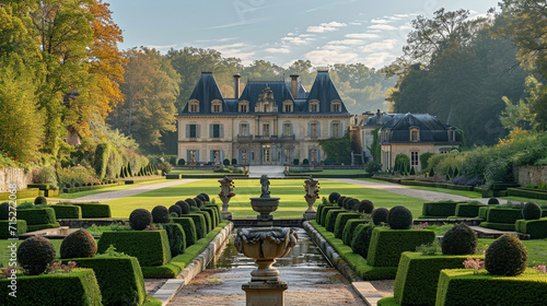 Immerse in the timeless allure of French châteaux with an image featuring manicured gardens, elegant stone architecture, and a play of light and shadow that accentuates the beauty photo