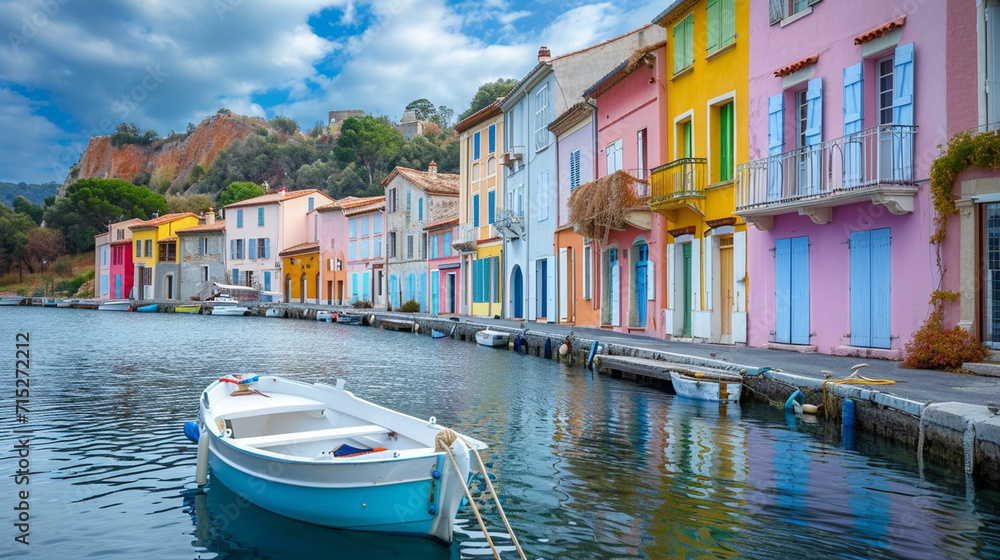 Experience the allure of French seaside elegance with a photograph of a coastal town, capturing the timeless charm of colorful shutters, quaint fishing boats, and a serene Mediterr