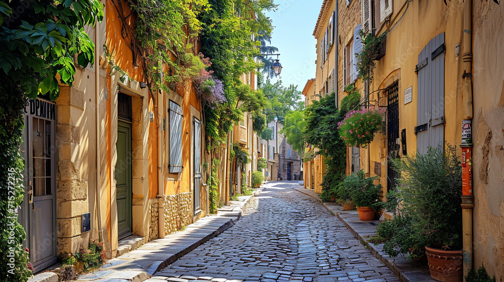 Explore the enchanting streets of Aix-en-Provence with a snapshot of cobblestone alleys, charming boutiques, and cascading ivy, immersing viewers in the idyllic beauty of this hist - obrazy, fototapety, plakaty 