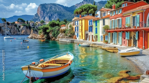 Experience the allure of French seaside elegance with a photograph of a coastal town, capturing the timeless charm of colorful shutters, quaint fishing boats, and a serene Mediterr