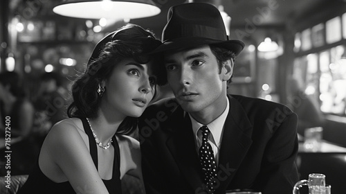 Dive into the world of French cinema with an image inspired by the Nouvelle Vague, featuring a captivating black and white scene with stylishly dressed characters, capturing the ti