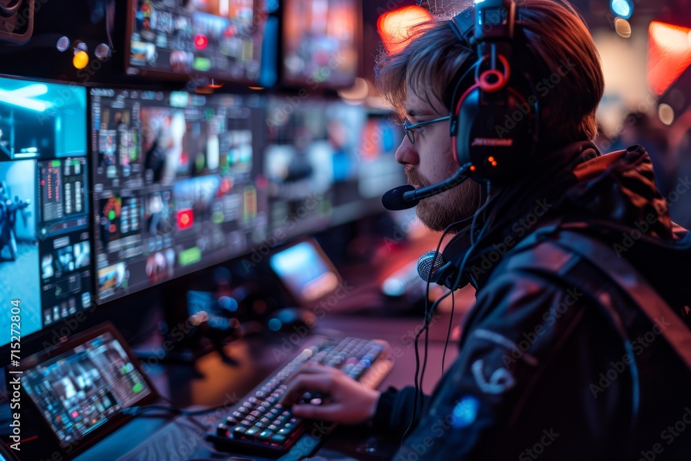Naklejka premium High-tech streaming setup, streamer interacting with audience