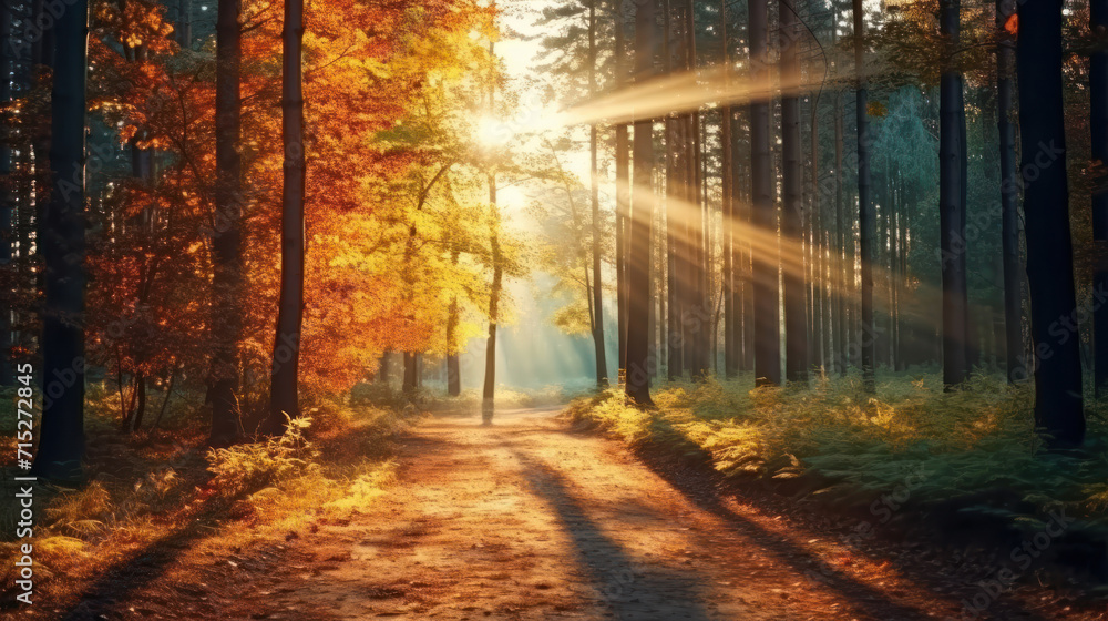 Autumn forest nature. Vivid morning in colorful forest with sun rays through branches of trees. Scenery of nature with sunlight.