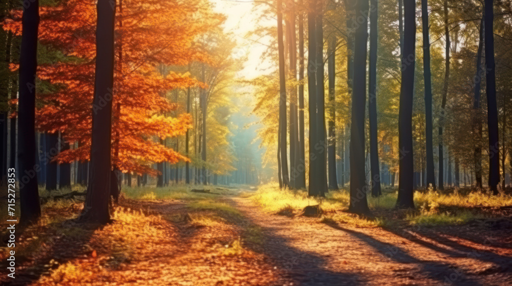 Autumn forest nature. Vivid morning in colorful forest with sun rays through branches of trees. Scenery of nature with sunlight.