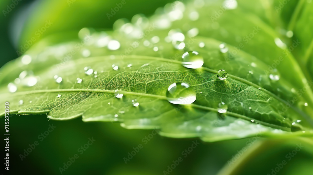 Large beautiful drops of transparent rain water on a green leaf macro. Drops of dew in the morning glow in the sun. Beautiful leaf texture in nature. Natural background. Large beautiful drops of transparent rain water on a green leaf macro. Drops of dew in the morning glow in the sun. Beautiful leaf texture in nature. Natural background.
