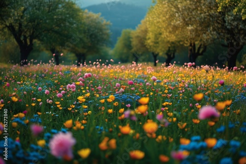 Lush meadow filled with wildflowers, blooming trees in the background, symbolizing the vibrant energy of spring