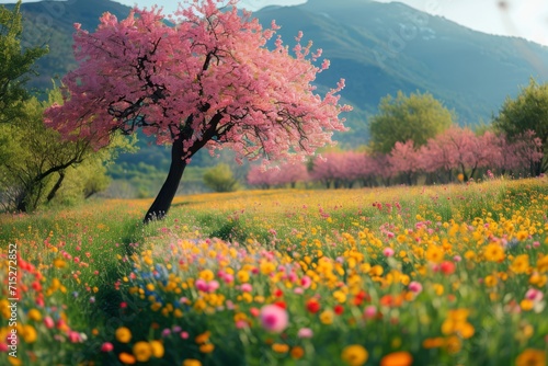 Lush meadow filled with wildflowers, blooming trees in the background, symbolizing the vibrant energy of spring