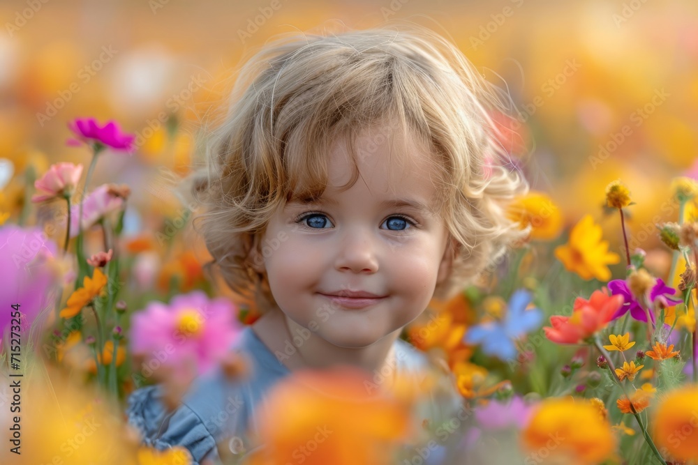 Young child playing in a field of spring flowers