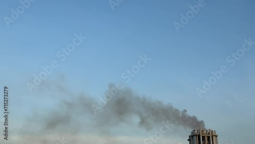 Funnel of a cruise ship, smokestack, expel boiler steam and smoke into the air. Pollution and climate change concept with copy space photo