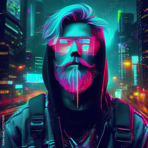 Create a cyberpunk portrait of yourself using neon colors and glitch effects.person in the street