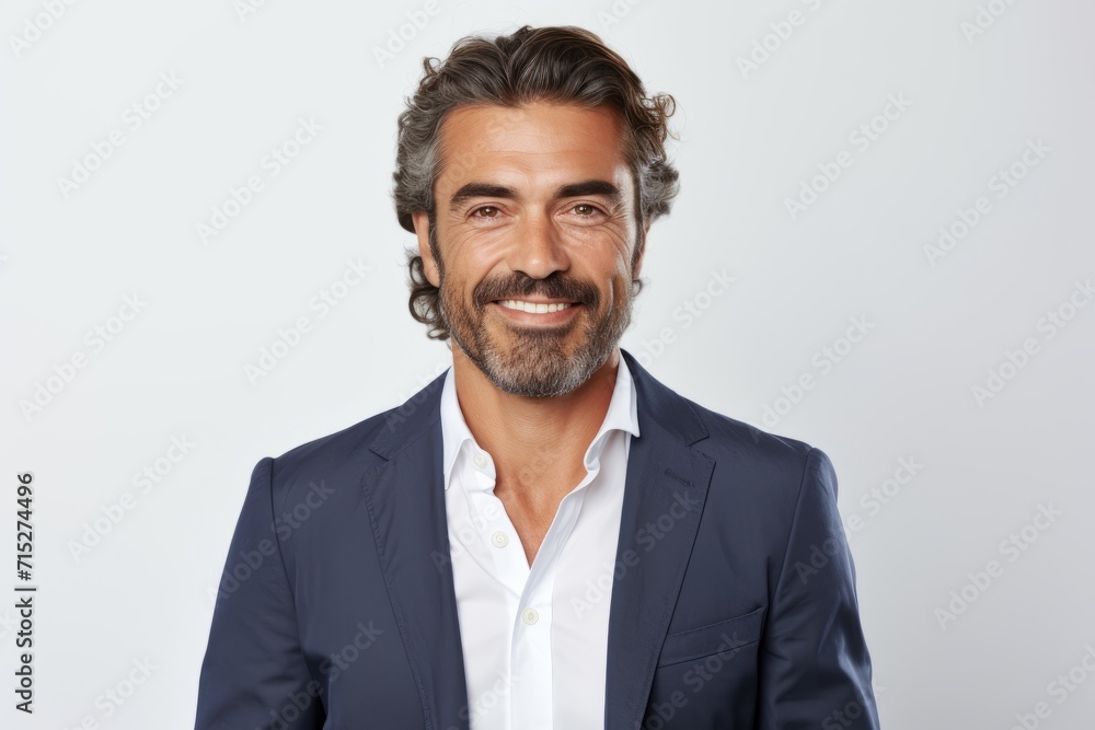 Portrait of handsome mature businessman in formalwear smiling at camera while standing against grey background Portrait of handsome mature businessman in formalwear smiling at camera while standing against grey background
