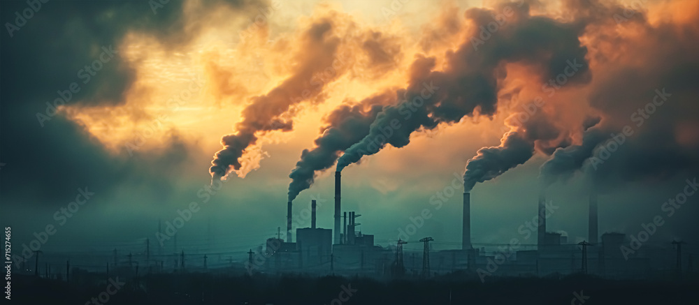 Power plant with polluting air. Factories release CO2 into the atmosphere. Air pollution concept wide photography generated by ai