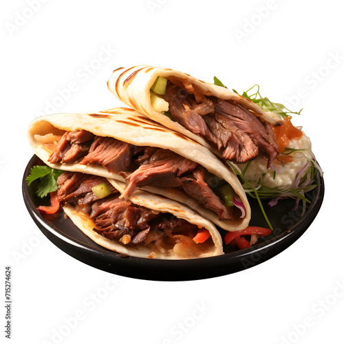 shawarma tourtilla wrap with onion, beef stea, tomato, lettuce and garilc sauce on png background photo