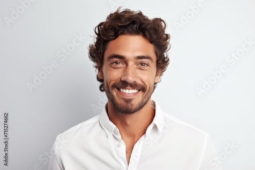 Portrait of a handsome young man smiling while standing against grey background