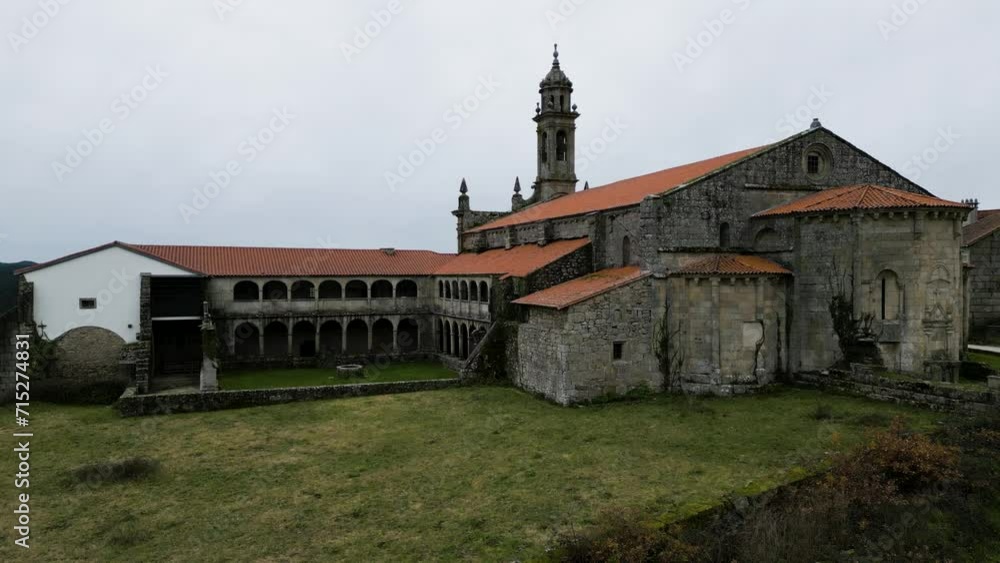 Santa Maria de Xunqueira Monastery Aerial ascend Shot, Spain Santa Maria de Xunqueira Monastery Aerial ascend Shot, Spain