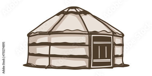 Yurt - nomad's dwelling, life in Central Asia, sketch on a white background