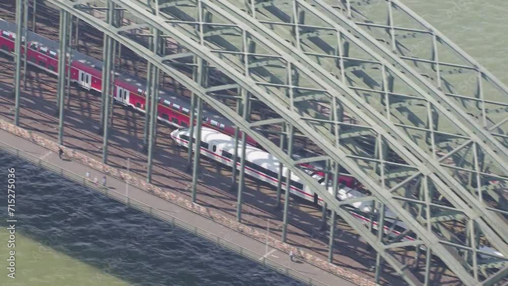 Aerial view of trains crossing a bridge over a river, with clear skies and a dynamic perspective Aerial view of trains crossing a bridge over a river, with clear skies and a dynamic perspective