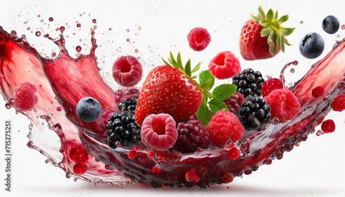  Fresh ripe strawberry, raspberry, blackberry, cranberry juice blend mix splash swirl with strawberry, blackberry, cranberry, raspberry. Red multifruit berry juice splash wave and forest fruits on whi photo