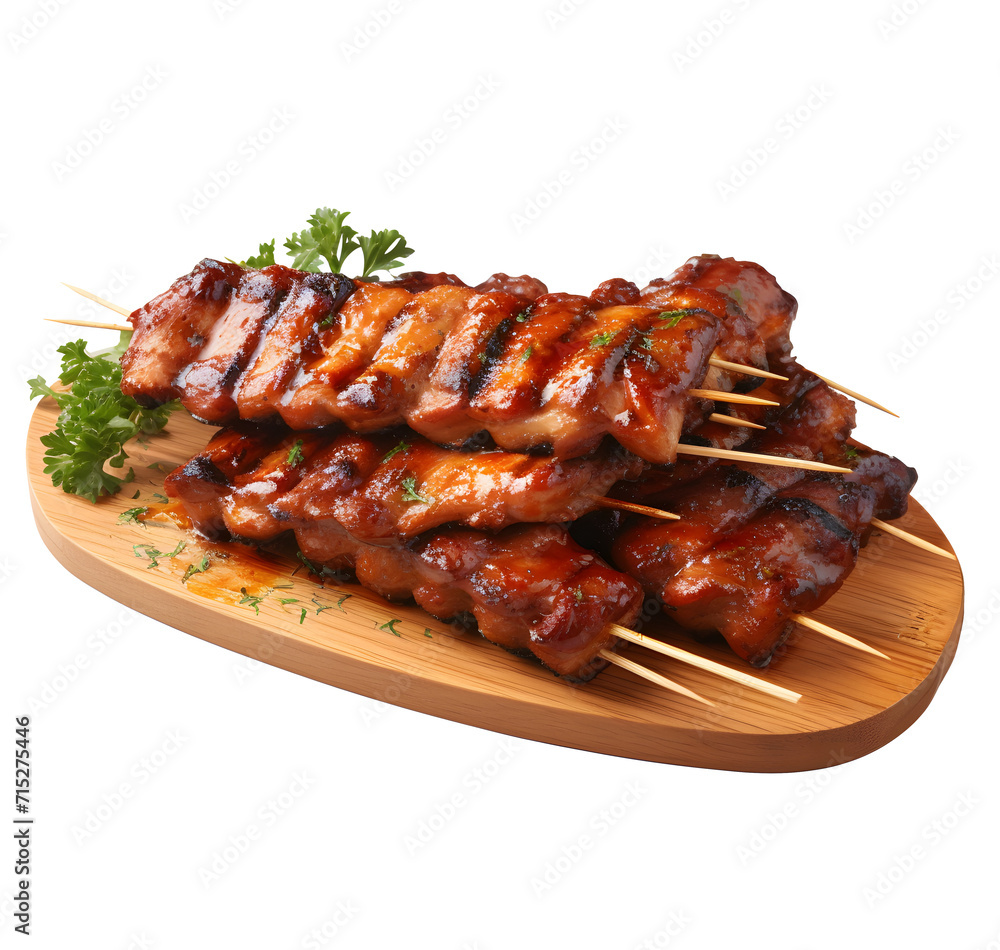 Assorted delicious grilled meat and bratwurst with over the on a barbecue on png background.