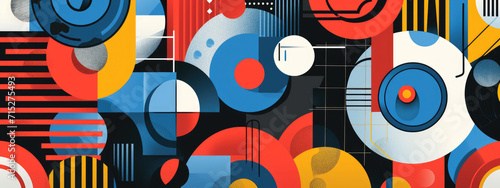 Bauhaus style geometric pattern background, featuring an abstract pattern with rhythmic geometric shapes in fun colors