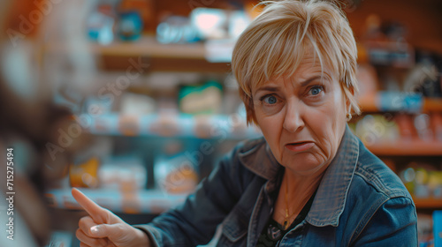 Woman gesturing in a store, with a typical Karen demanding expression