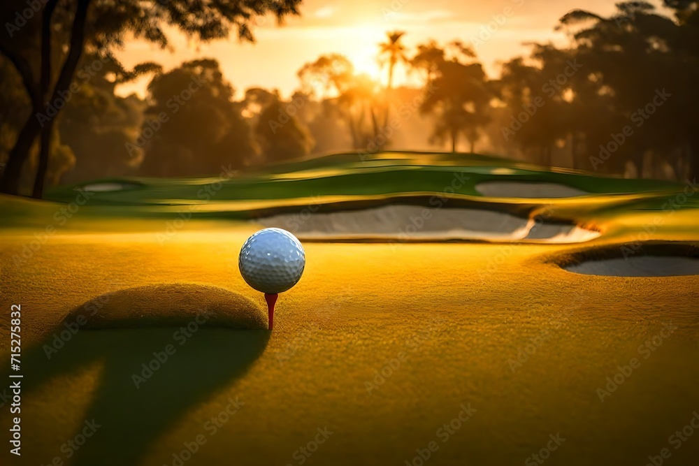 Immerse yourself in the ambiance of a golf course at sunset, where a solitary golf ball awaits its journey on a pristine tee.

 - obrazy, fototapety, plakaty 