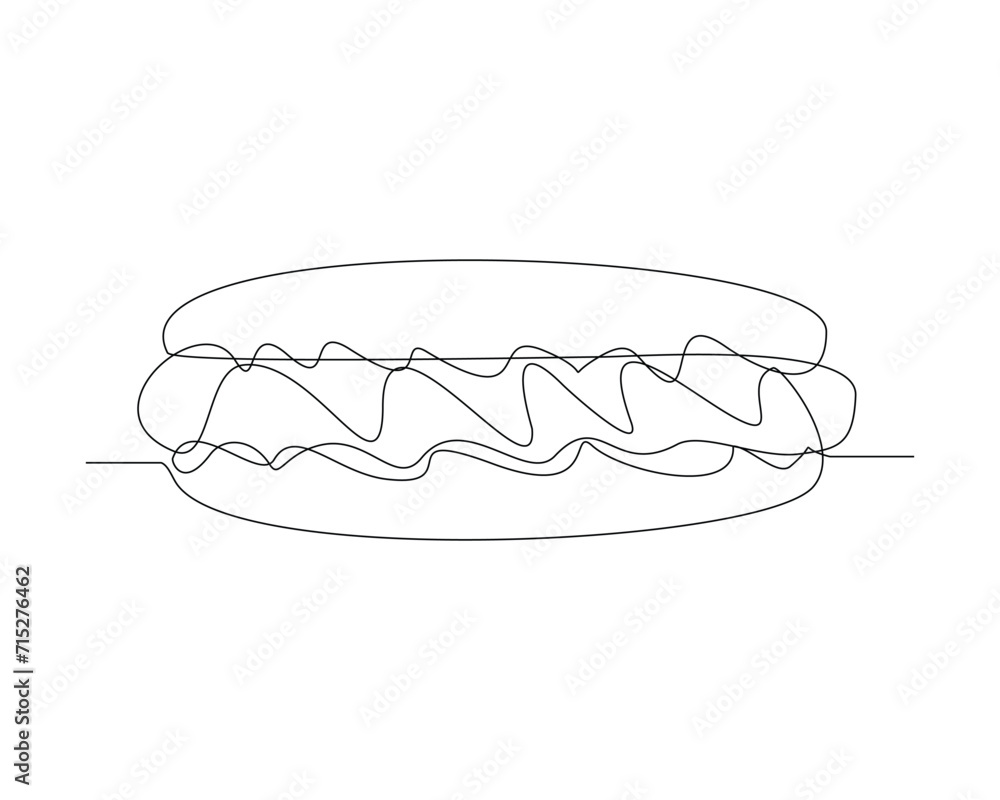 Continuous single line sketch drawing of hot dog sausage mustard bread meat. One line art of delicious meal fast food restaurant serving vector illustration Continuous single line sketch drawing of hot dog sausage mustard bread meat. One line art of delicious meal fast food restaurant serving vector illustration