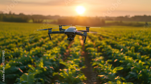 Agricultural Drone Flying at Sunset Over Crop Field.