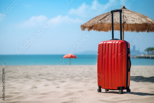 Red suitcase on the sandy beach. Ocean background, sunny day. Holiday concept © Olivia