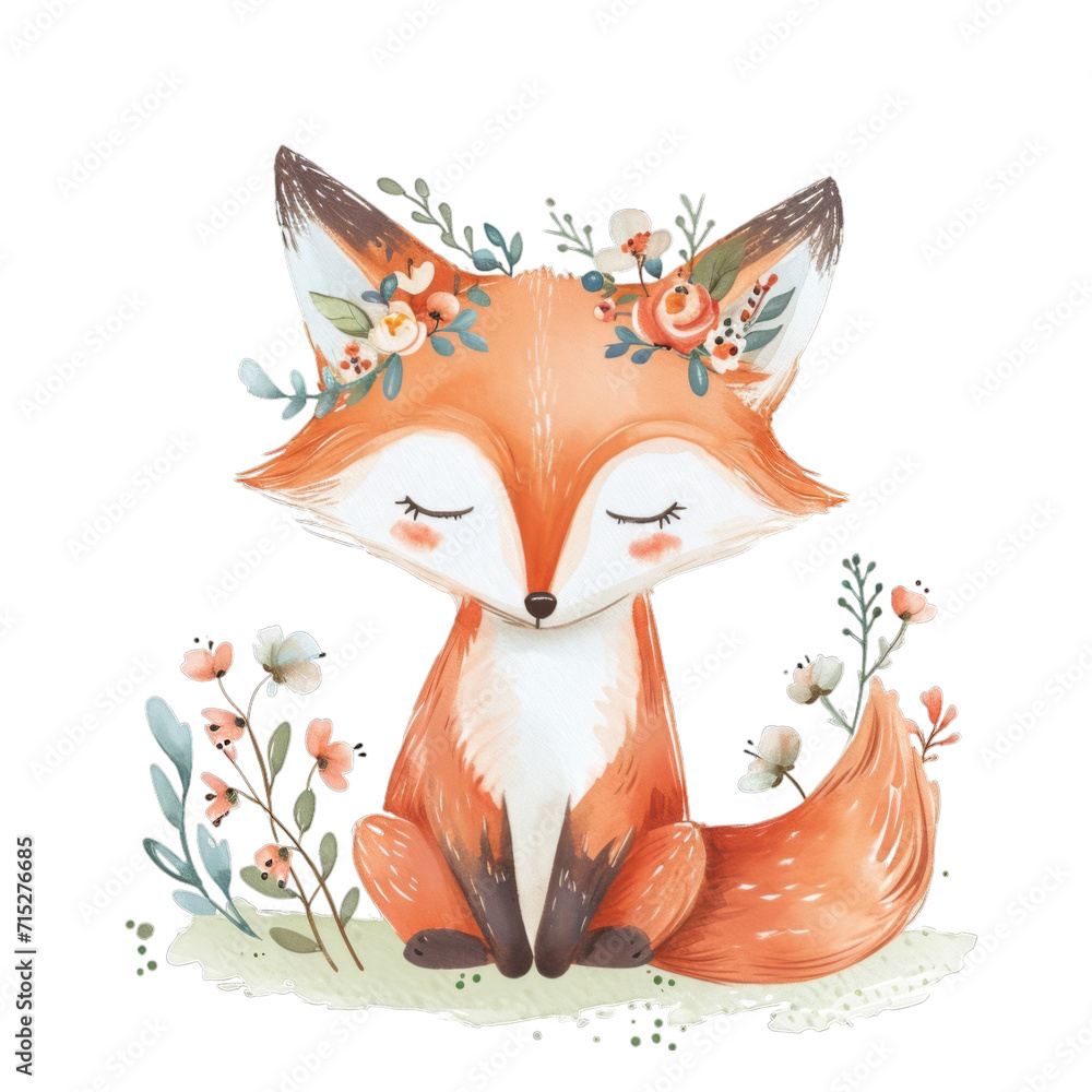 Obraz premium Watercolor artwork of a fox with a floral crown, eyes closed.