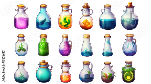 A collection of vibrant  cartoon-styled potion bottles in various colors and bubbling contents  corked and uncorked. Game design assets  transparent background